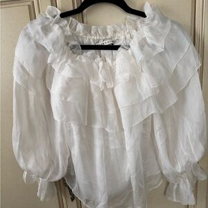 Alice + Olivia White Layered Ruffle Sheer Blouse